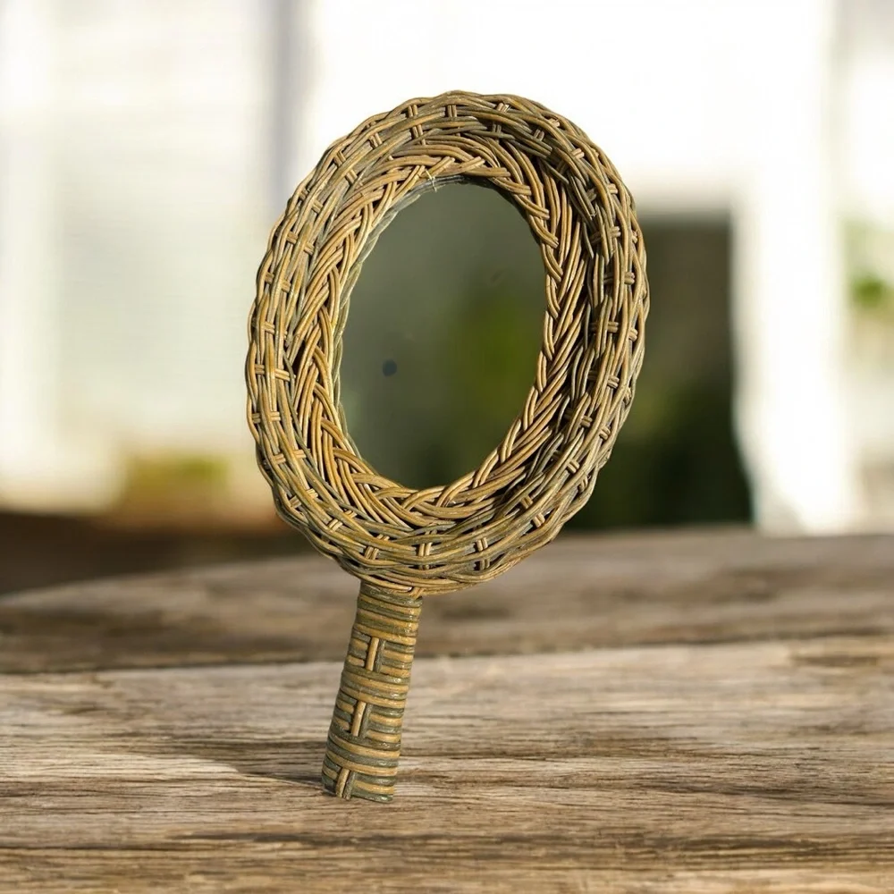 Woven Rattan Handheld Mirror - tan